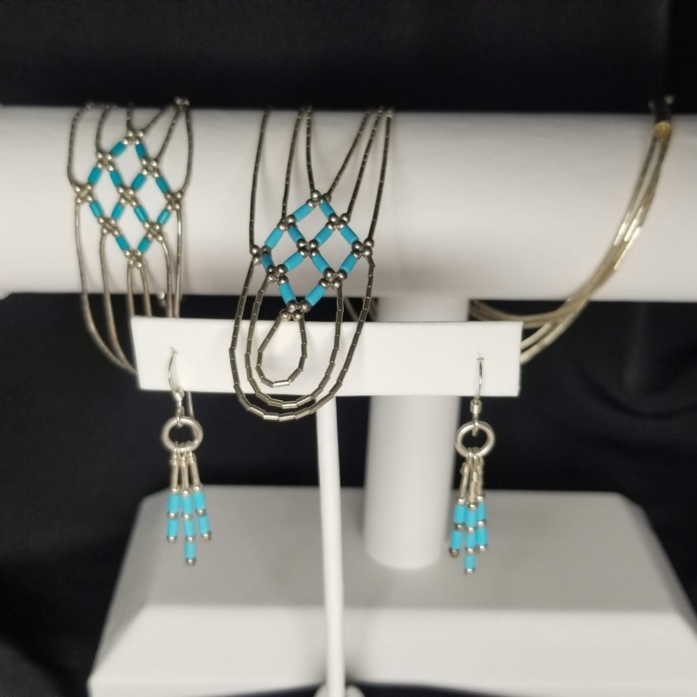 Liquid silver and turquoise necklace, bracelet, earrings set. Native American.